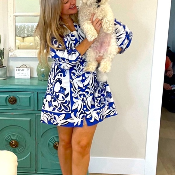 Blue and White Zara patterned dress small - Picture 2 of 4
